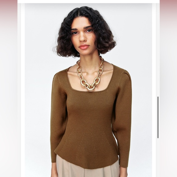 Zara brown Knit Peplum Top Ribbed Sweater Square neck - Picture 2 of 7